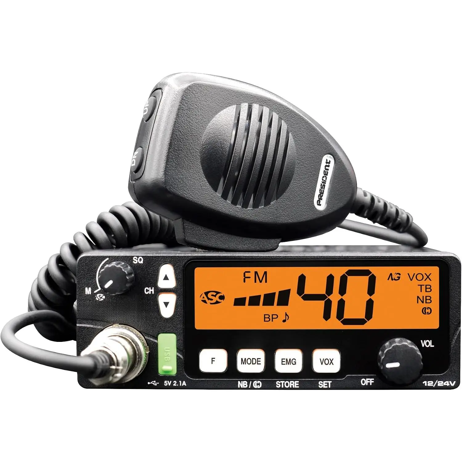 President Thomas FCC AM/FM CB Radio – 40 Channel, VOX Hands-Free, USB Port, ASC, Multi-Color LCD Display – 12/24V Compact Mobile Transceiver for Truckers & Off-Road Communication