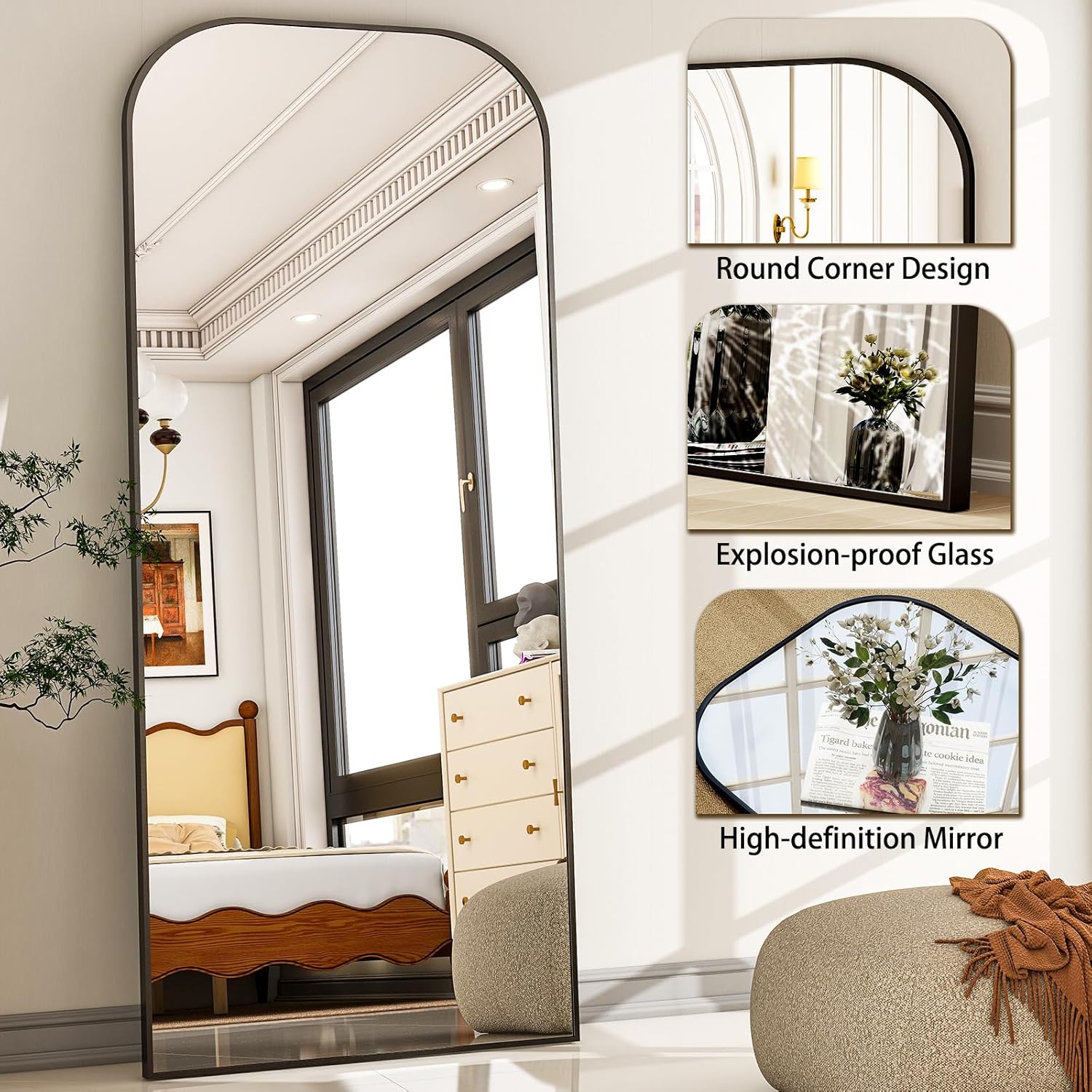 28"x71" Full Length Mirror Floor Mirrors Freestanding Hanging or Leaning Large Mirrors Full  Mirror with Stand for Cloakroom, Bedroom, Living Room, Black