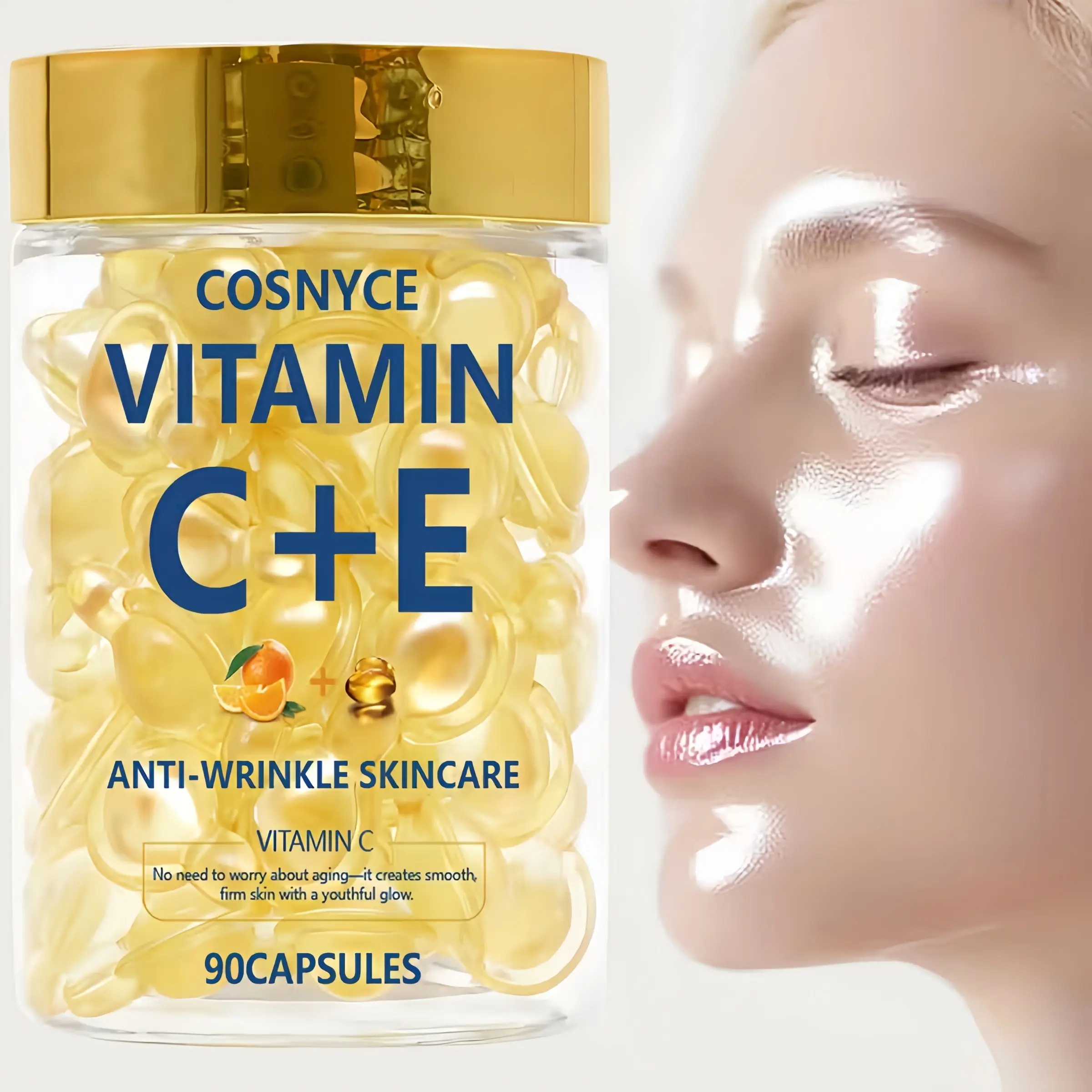 COSNYCE 90pcs Vitamin C+E Skincare Essence Capsules with Vitamin C, Vitamin E, Collagen Moisturizer, Lifts Facial Drops, Nutrient Boost, Smooth & Hydrated, Light Care, Daily Skincare Routine | Travel-Friendly Skincare | Dropper Applicator