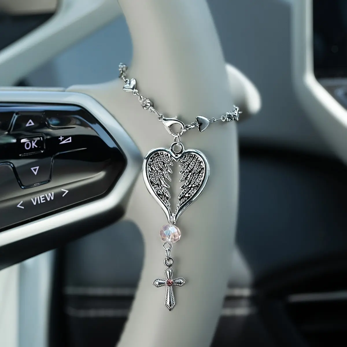 Vintage Angel Feather Cross Car Accessory, Steering Wheel Pendant, Car Chain, Unique Dashboard Decoration, Stylish Automotive Ornament