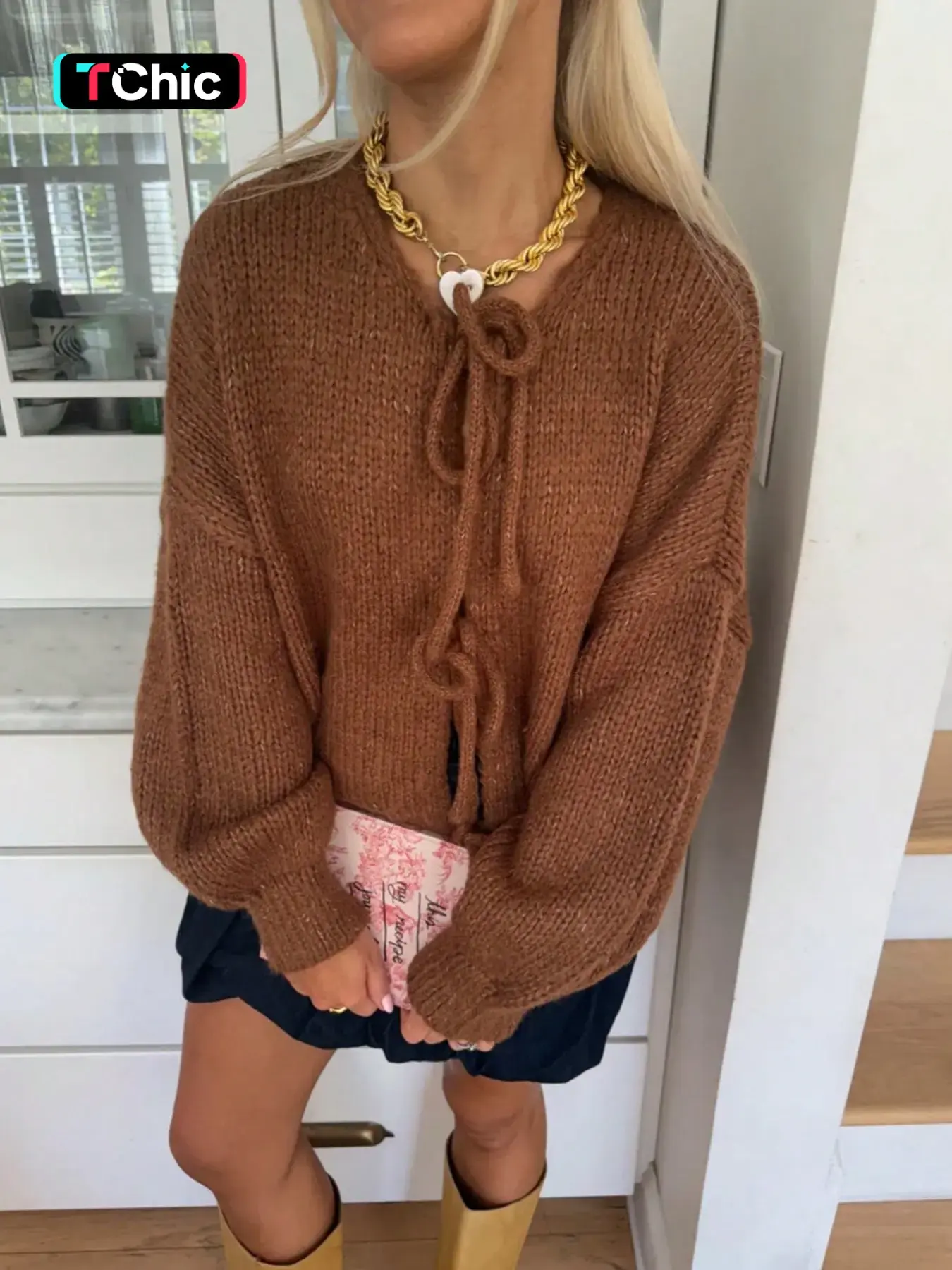 Women's Caramel Casual Knit Cardigan, Drawstring Front Adjustable, Loose Bubble Sleeves, Thick Soft Warm Fabric, Oversized Fall Winter Top