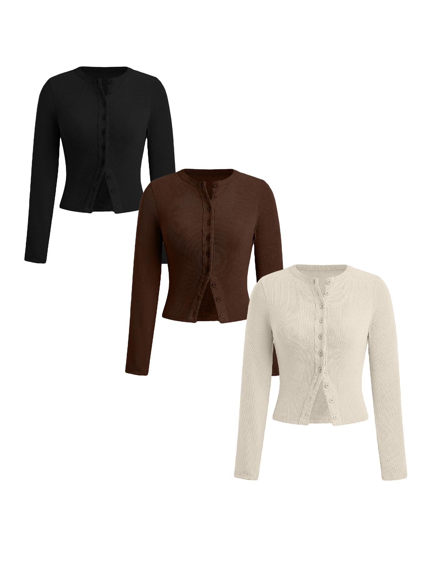 Women's Solid Button Front Ribbed Tee, Casual Long Sleeve Round Neck T-shirt Button Down Front for Spring & Fall, Ladies Clothes for Daily Wear