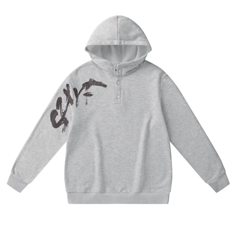 Men Pullover Hooded Sweatshirt, Henley Partial Snap‑Button Collar Hoodie, Abstract Brush Letter Graphic Print Long Sleeve Loose Street Hoodie for Everyday Outfit