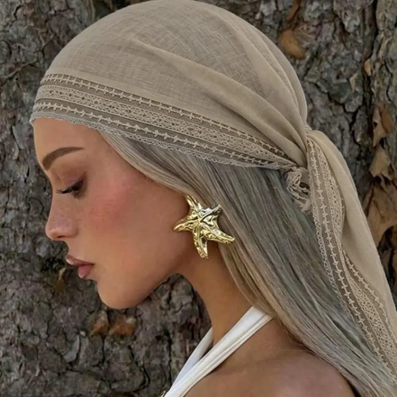Ethnic Retro Cotton Linen Square Headscarf With Elegant Bohemian Lace Trim, Soft Lightweight Breathable Multi-Purpose Women Headwrap Bandana, Versatile Decorative Hair And Handbag Ornament Compatible With Daily Casual Looks & Holiday Travel Photoshoot, Dr