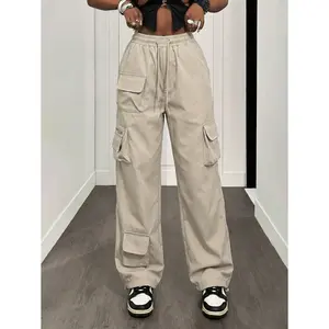Date Night Outfit, Gifts For Her, Women's Casual Beige Cargo Pants With Elastic Drawstring Waist And Multi-Pocket Design For Streetwear, Daily Wear
