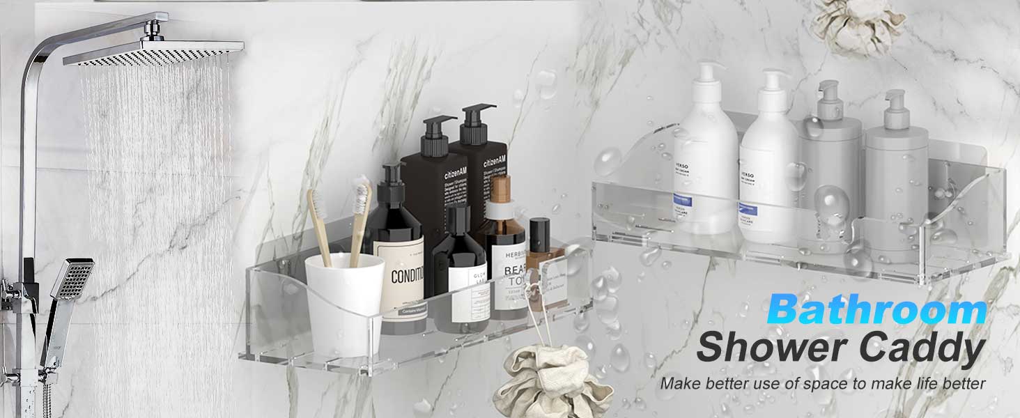 Acrylic Shower Shelves 3 Pack, Clear Adhesive Shower Organizer - No-Drill Wall Mount Storage Rack, Versatile Caddy for Bathroom & Kitchen (Transparent)