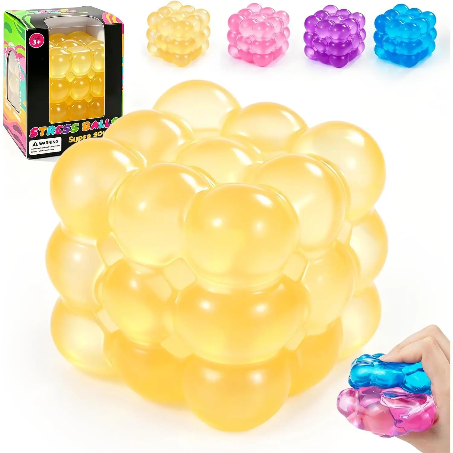 Ice Cube Squishy Fidget Toy, Squeeze Cube, Slow Rising Squeeze Cubes Fidget Toy, Sensory Stress Relief Toy for Focus and Relax Hand Muscles, Soft Handheld Squishy Cubes for Desk Fidget (Yellow)