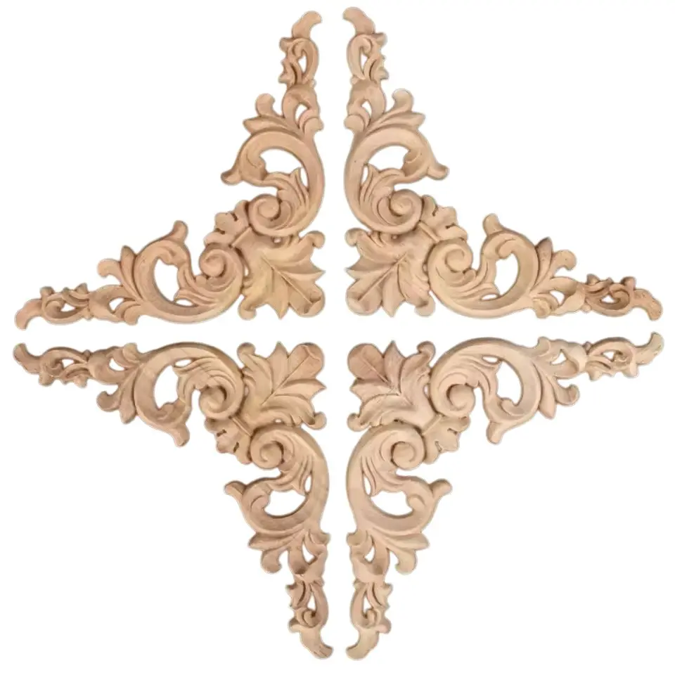 4 Piece Solid Wooden Carved Floral Corner Decor, European Style Hollow Out Scroll Relief, 8/10/12/15cm, Furniture Door Frame Window Background Wall Ceiling Decoration