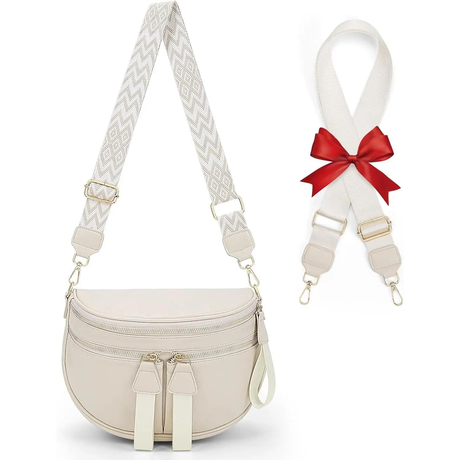 Leather Bum Bag for Women, Large Crossbody Fanny Pack with 2 Straps, Soft Vegan Leather Sling Handbag for Travel