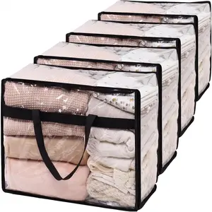 Blanket Storage Bags 60L Extra Large Plastic Vinyl Clear Storage Bag for Clothes, Comforter, Bedding, Moving Bags with Zipper and Reinforced Handle (4pcs)