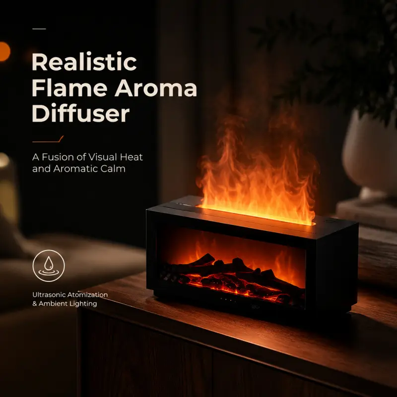 Realistic Flame Aroma Diffuser - Ultrasonic Humidifier with Ambient Fireplace Light for Calming Home Atmosphere & Relaxation Aromatherapy Humidifier