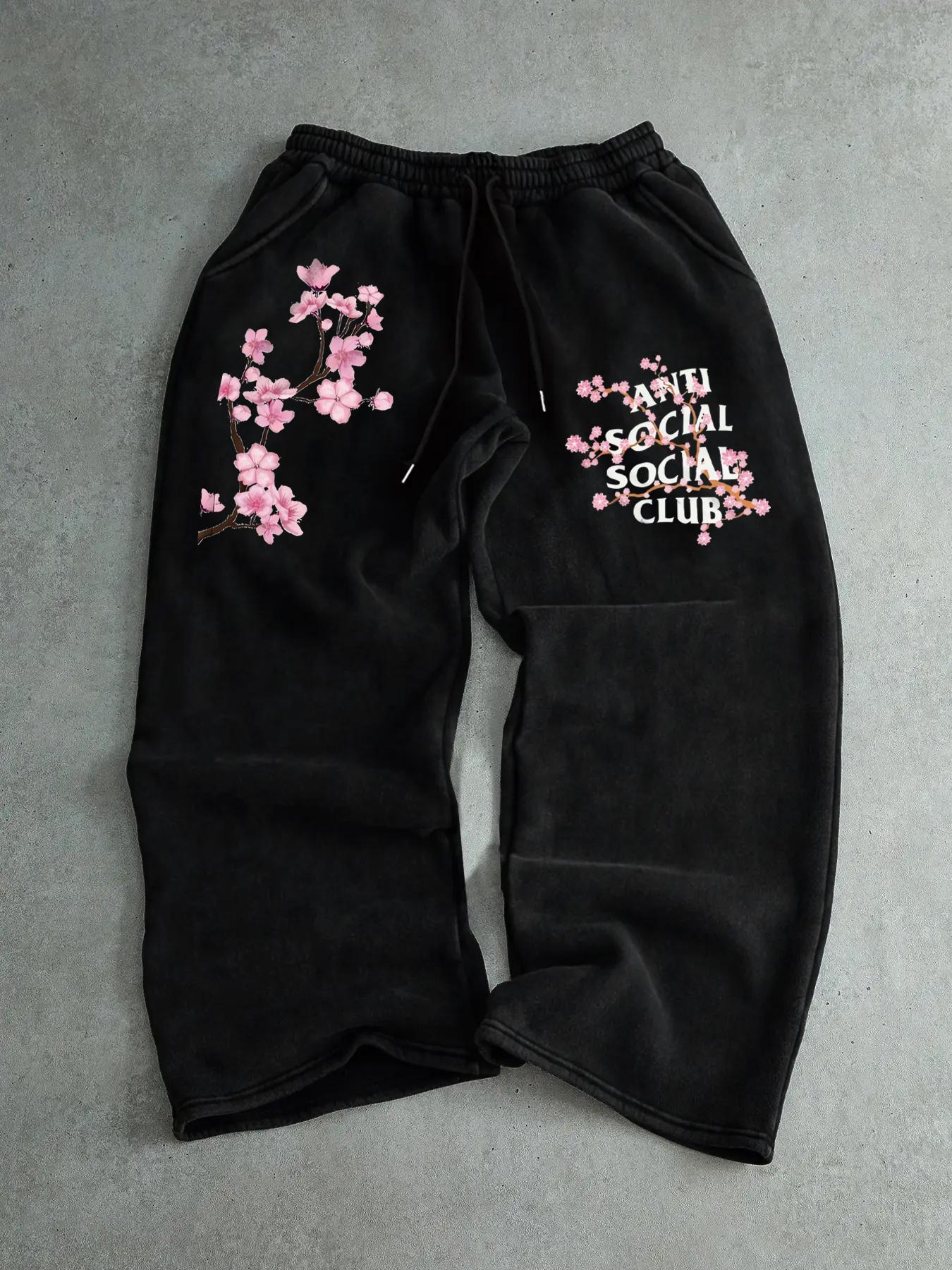 Men's Cherry Blossom Embroidery Sweatpants, Floral Print Sweatpants, Regular Fit Casual Comfy Jogger Pants for Spring & Fall, Men's Trousers for Daily Wear