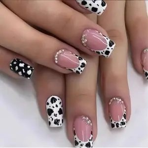 24 pieces Press on nail set Short square press on nails Milk cow pattern French diamond include Press on nail glue Nail /  file for press ons  Suitable for any occasion  Reusable press on nails