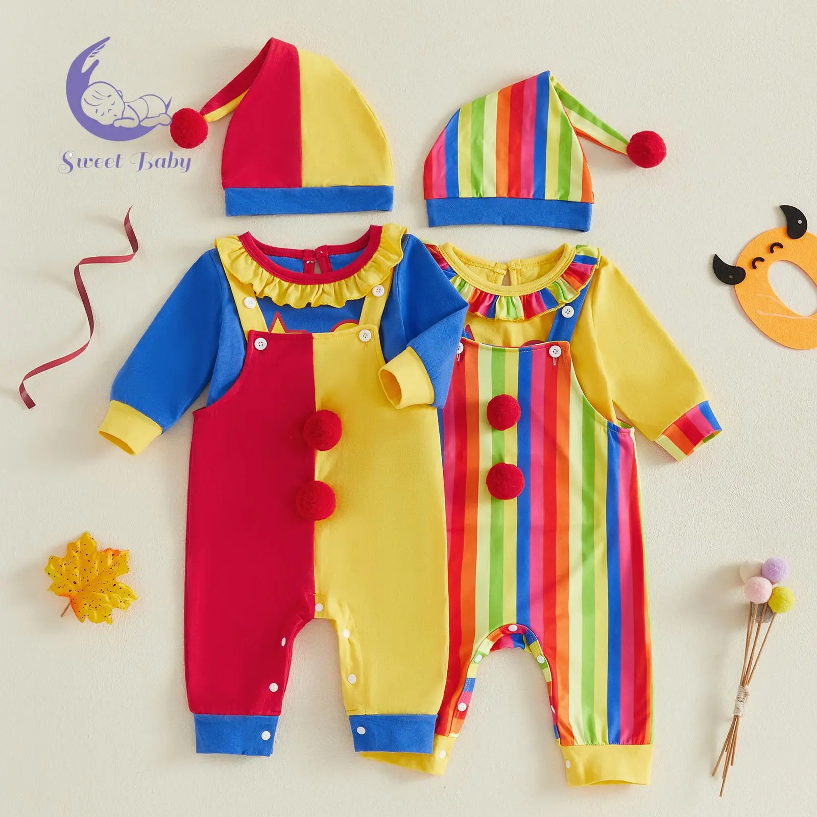 Baby Boy Polyester Halloween Clown Costume Set - Long-Sleeve Clown Face Print Top, Striped Suspender Pants, Matching Hat
