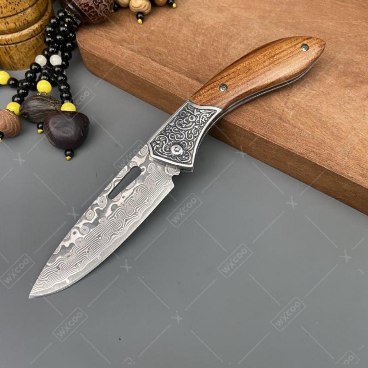 Folding Knife The Wood Handle Pure Manual Damascus Steel Blade Outdoor Camping Pocket Knife