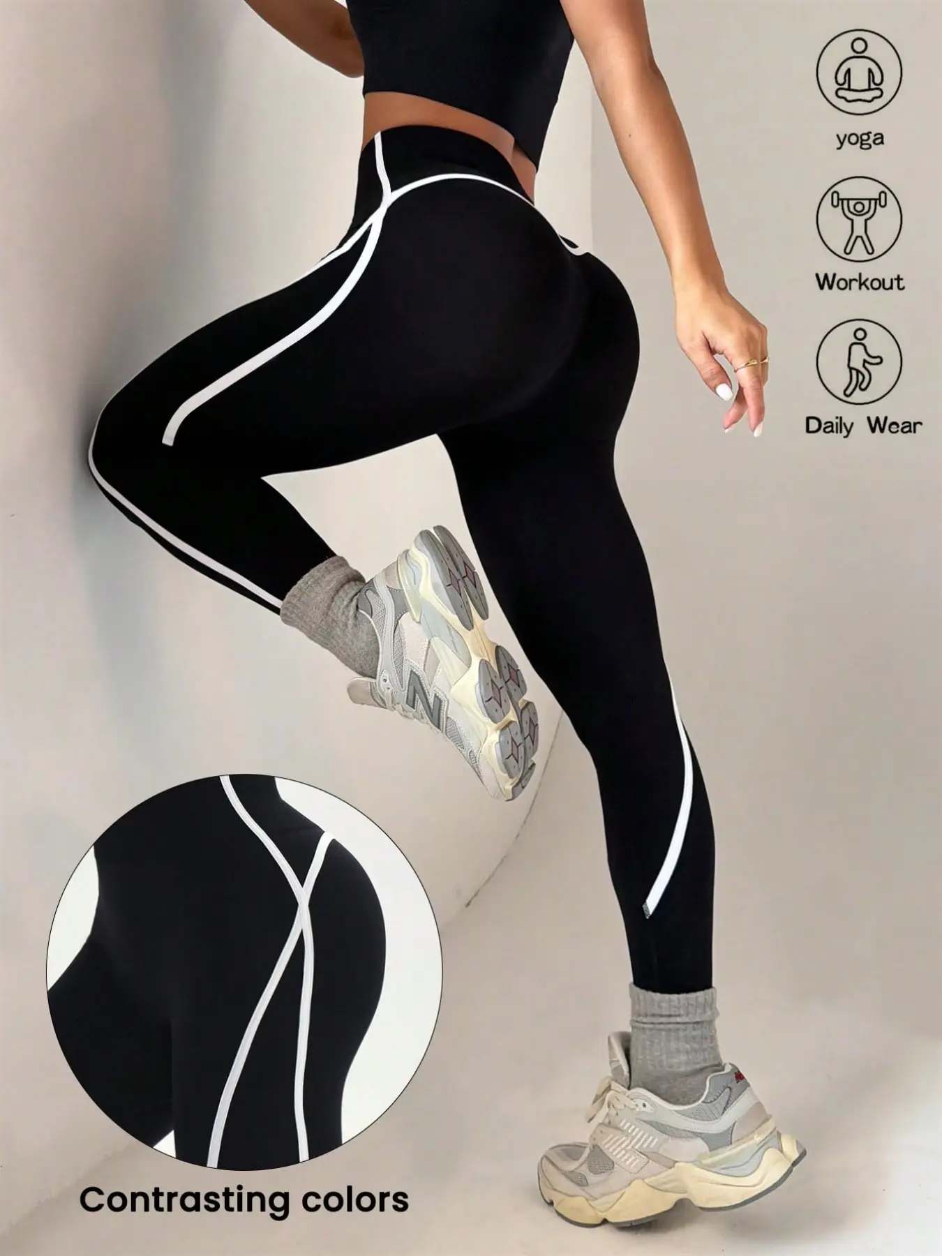 Women Seamless High Waist Leggings Contrast White Stripe V‑Booty Butt Lifting Tummy Control Stretch Yoga Pants Gym Fitness Workout Sport Leggings