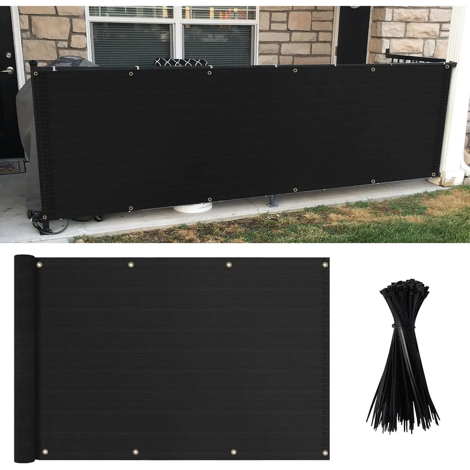 4'×10' Black Balcony  Screen Fence Cover UV Protection Weather Resistant  for Apartment Balcony Outdoor Patio Backyard Porch Railing Deck with 100 count Zip Ties