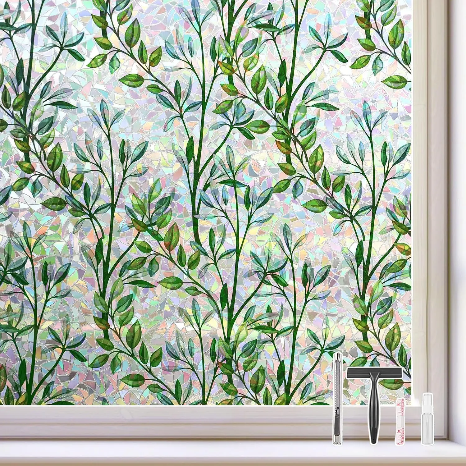 Green Leaf Stained Glass Window  Film, 17.5 x 78.7 inch |  Static Cling No Glue, Heat Control & UV Blocking, Decorative Glass Cover for  Bathroom Office