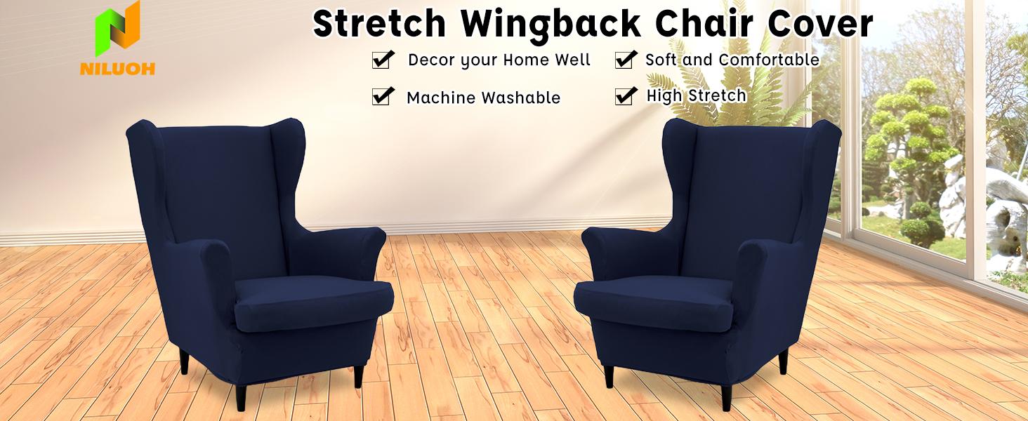 NILUOH Wingback Chair Cover 2-Piece Soft Stretch Wing Chair Slipcover Solid Color Armchair Sofa Couch Cover Furniture Protector with Elastic Bottom for Living Room Bedroom (Navy)