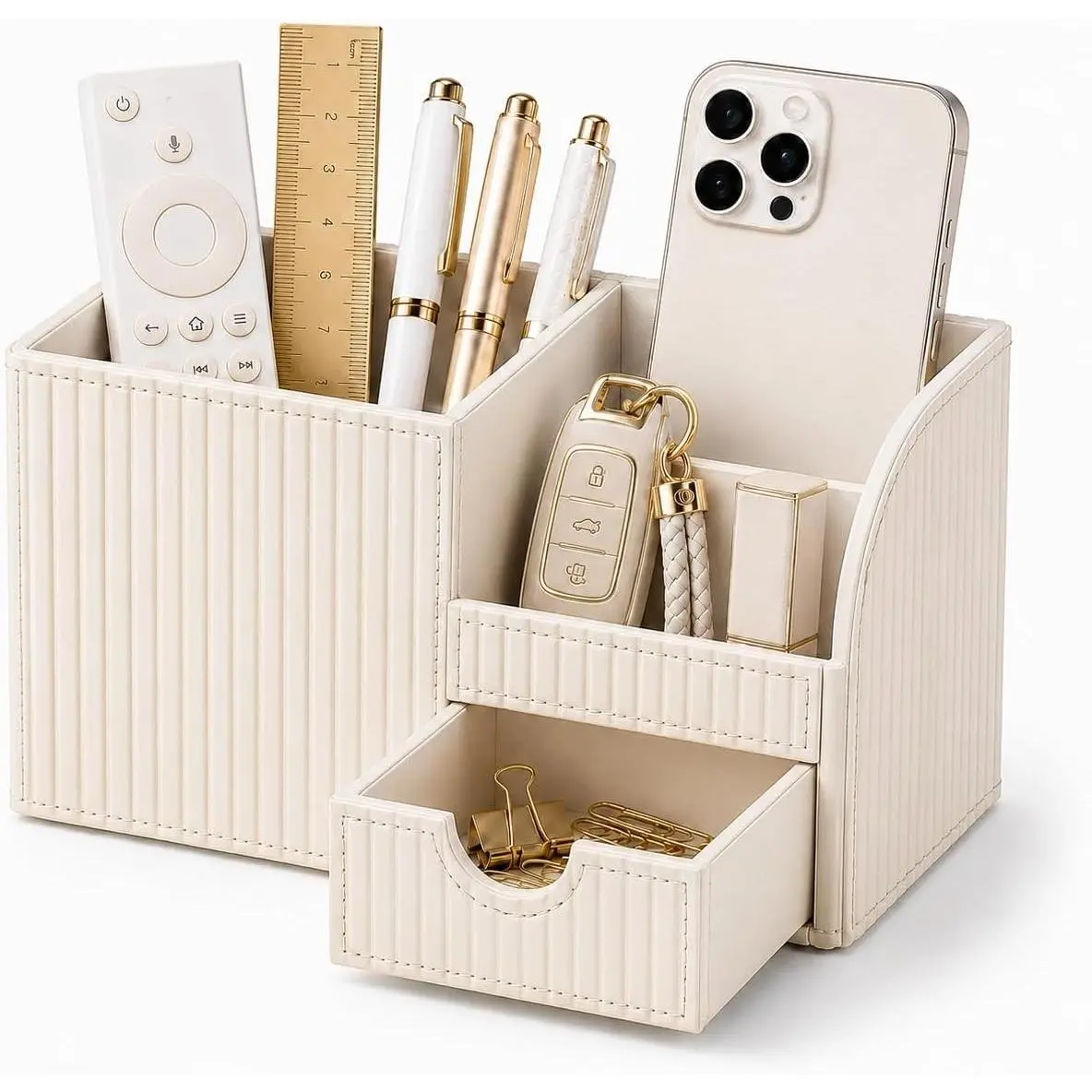 Cream White PU Leather Desk Organizer with Drawer, Multi-Compartment Pen Holder & Desktop Storage for Home Office, Modern Aesthetic Office Accessories for Women