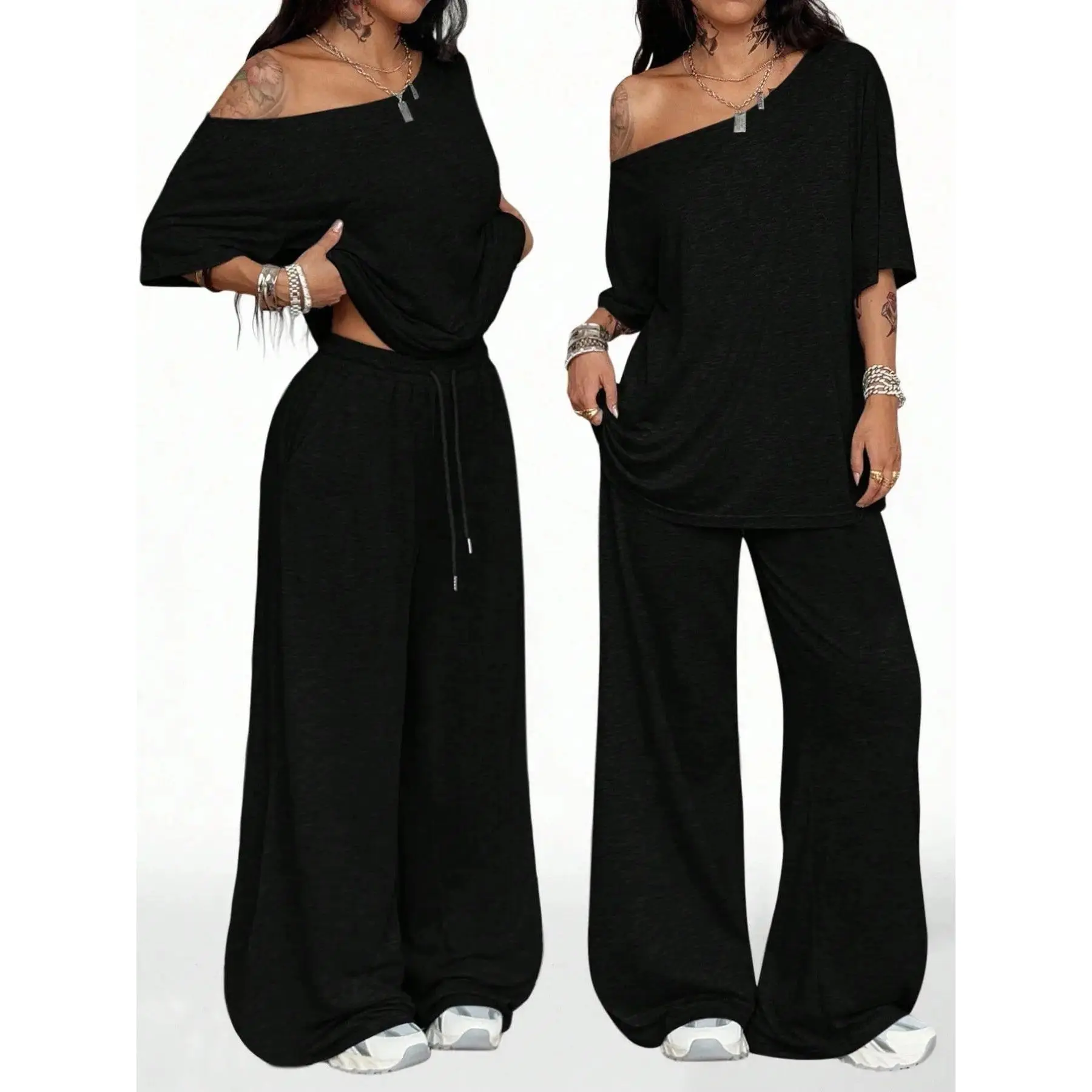 Women's Casual Wide Leg Pants Set Slant Neck Top Soft Matching Lounge Wear