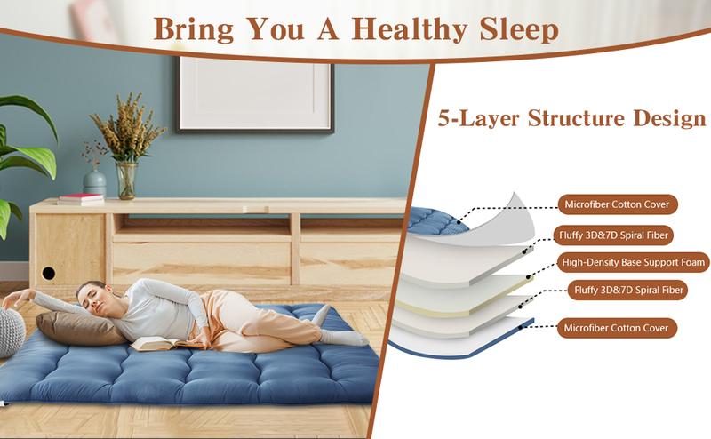 GARVEE Japanese Futon Mattress Twin Size, Tatami Floor Mat, Roll-Up Camping Mattress Pad in Wave Navy - Comfortable and Portable Sleeping Solution for Versatile Use