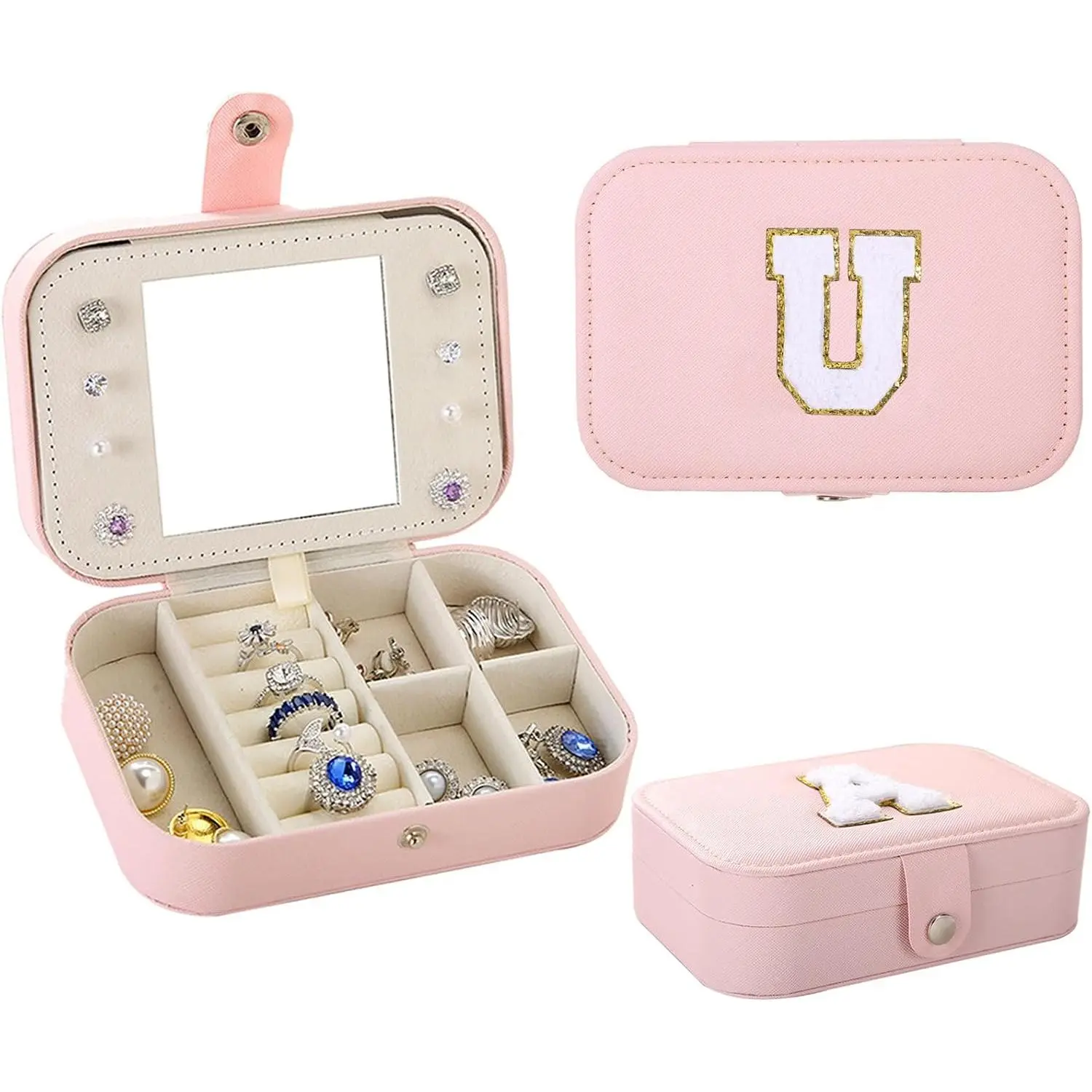 Initial U  Box Organizer,  Travel  Case with Mirror, PU Leather  Box for Travel, Personalized Birthday  for Women Girls