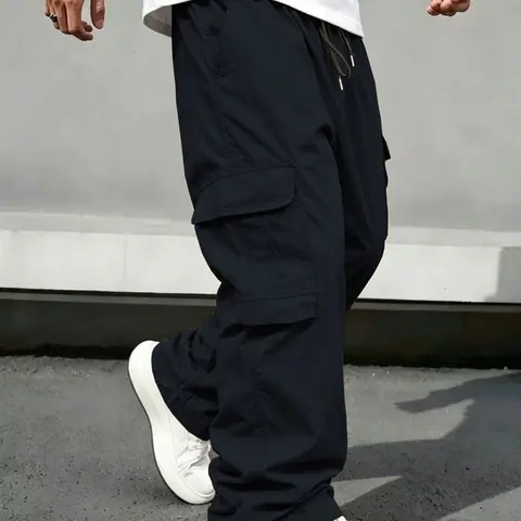 Men's Solid Color Flap Pocket Drawstring Elastic Waist Cargo Pants, Regular Fit Casual Street Straight-Leg Trousers for Daily Wear, All Seasons, Menswear