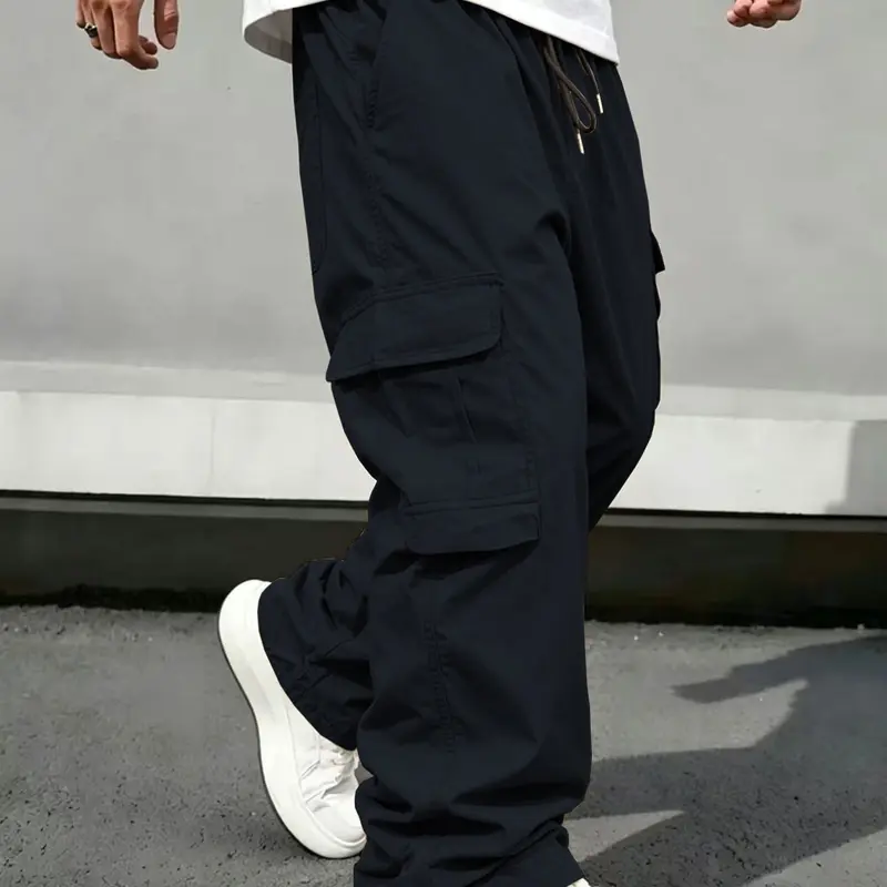 Men's Solid Color Flap Pocket Drawstring Elastic Waist Cargo Pants, Regular Fit Casual Street Straight-Leg Trousers for Daily Wear, All Seasons, Menswear