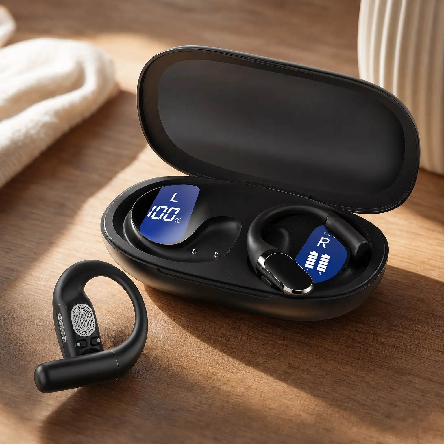 Open Ear Bluetooth 5.4 Headphones with Smart Digital Display, Ergonomic Earhook Earbuds, 40H Playtime, IPX6 Waterproof, Touch Control for Cycling Running WorkoutGift