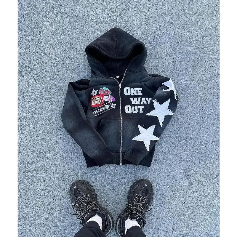 NewtrendLetterEmbroideryOversizeZipperHoodieMen'sY2KNewHarajukuHip-HopGothicCoupleSweatshirtWomenswearClothes