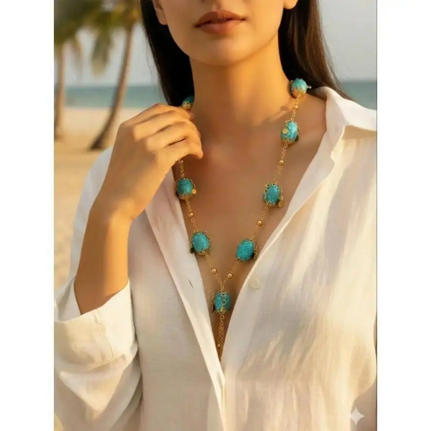 Women's Bohemian Turquoise Statement Necklace - Colorful Gold-Tone Chain Chic Jewelry, Vibrant Resort-Ready Accessory for Beach Vacations & Parties