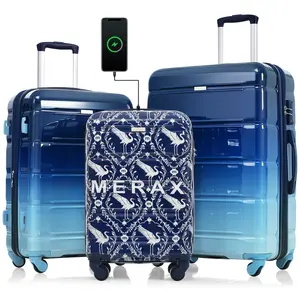 Luggage Set 3 Pieces, 20-inch with USB Port, Airline Certified Carry-on Luggage  , ABS+PC Hard Shell Luggage with Spinner Wheels,20“/24"/28" Indigo Swan