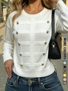 Fall Winter Fashion Simple Style Metal Button Design Pullover, Casual Loose Fit Versatile Lazy Wind Sweater, Women's Top