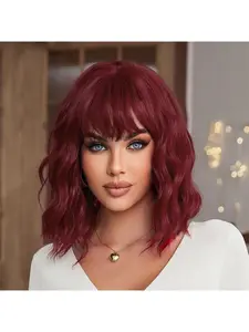 Red Wig with Bangs Short Wavy Wigs for Women Wine Red Curly Shoulder Length Bob Wig Synthetic fiber Wigs for Cosplay Party Daily Use