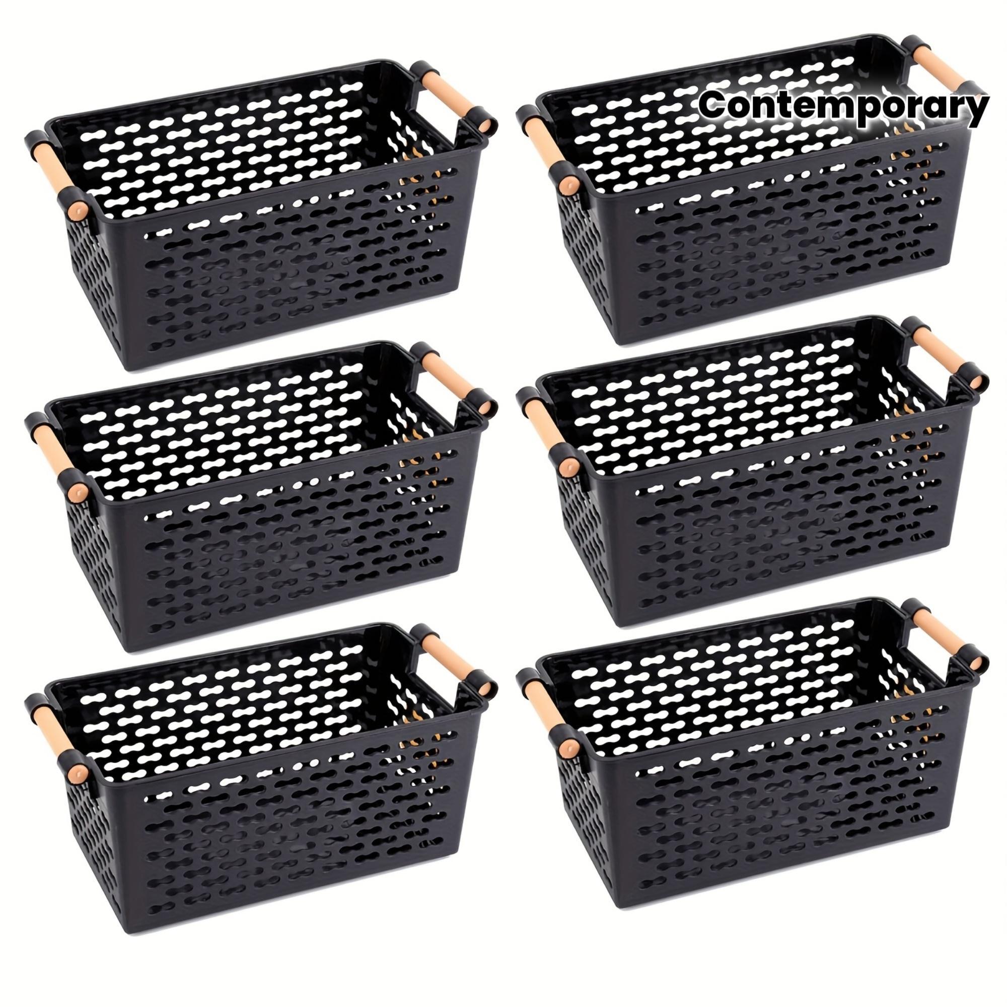 Set of 6 Stackable Durable Plastic Storage Baskets with Handles, Open Top Ventilation Holes, for Home, Office, Closet, Bathroom Storage