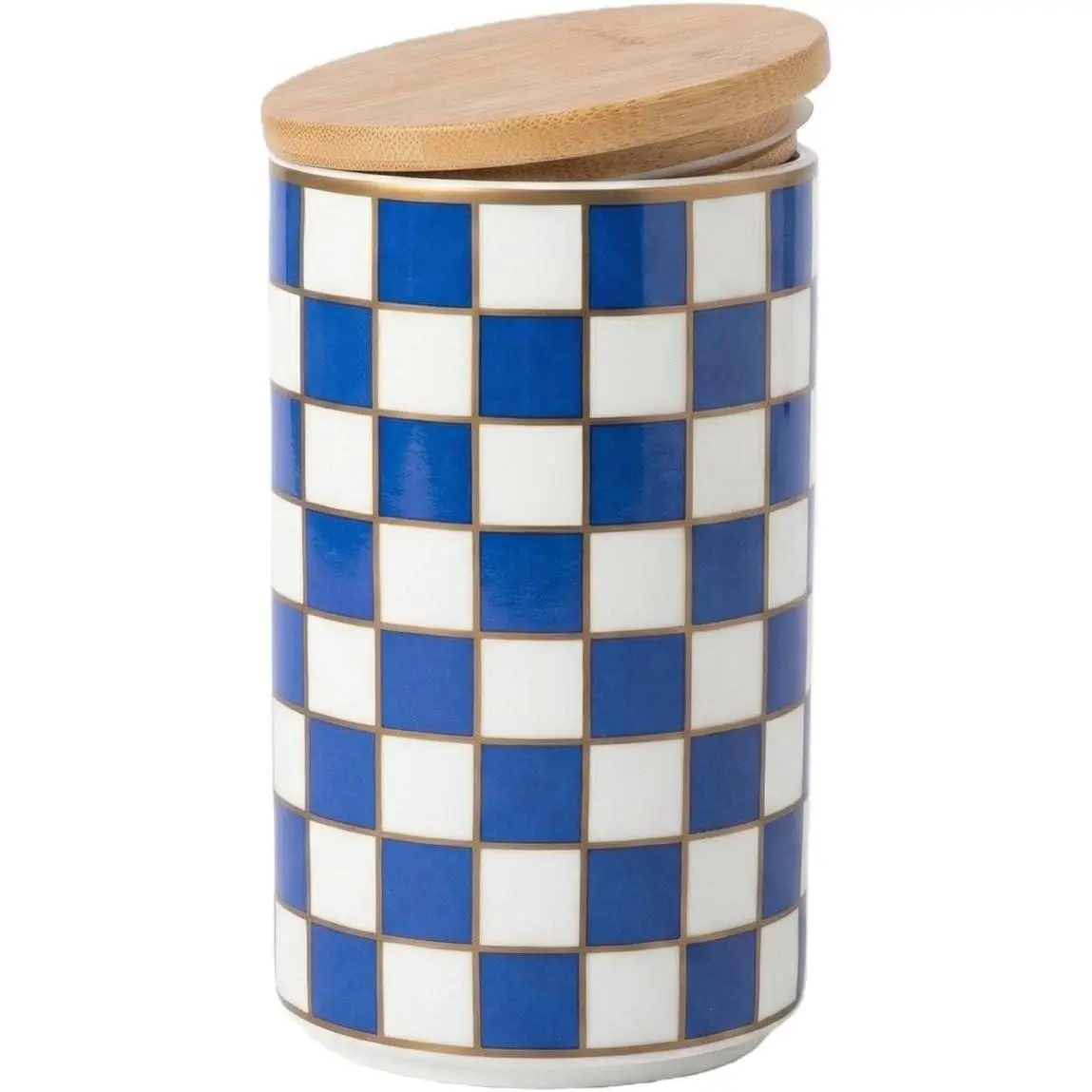 1 count Ceramic Coffee Canister, Airtight Coffee Container with Lid for Kitchen Storage (15.8x9cm, Blue Checkered)