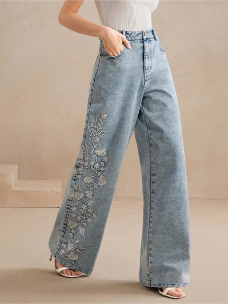 Women's embroidered, personalized, washable straight-leg denim, elastic, comfortable and versatile denim trousers