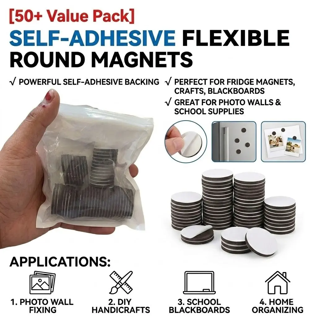 50-Pack Self-Adhesive Flexible Round Magnets, Strong Backing Refrigerator Magnets Set, Ideal for Photo Walls, DIY Crafts, School Whiteboards