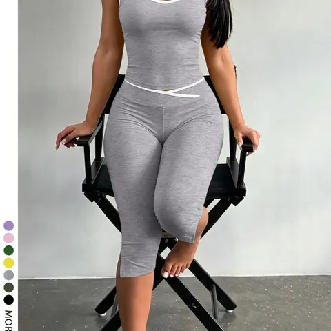 Lw Sherowear Soft Basic Casual Fashion Women's Slim Fit Sleeveless Tank Top and Capri Outfit, Two Piece, Split Hem, Perfect for Summer Home Wear