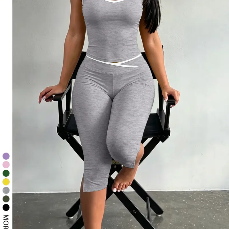 Lw Sherowear Soft Basic Casual Fashion Women's Slim Fit Sleeveless Tank Top and Capri Outfit, Two Piece, Split Hem, Perfect for Summer Home Wear