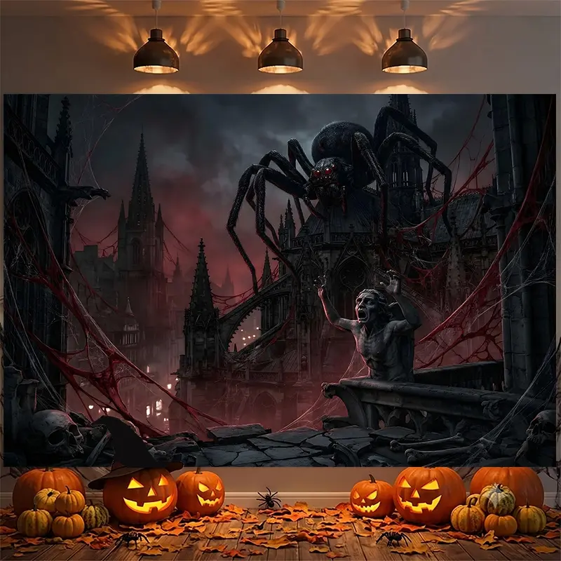 Giant Red-eyed Spider Gothic Dark Castle Skeleton Pattern Halloween Backdrop, Photography Background, Photo Booth Background, Party Backdrop, Studio Backdrop, Video Background, Haunted House Backdrop, Live Streaming Background, Halloween Party Decor, Wind