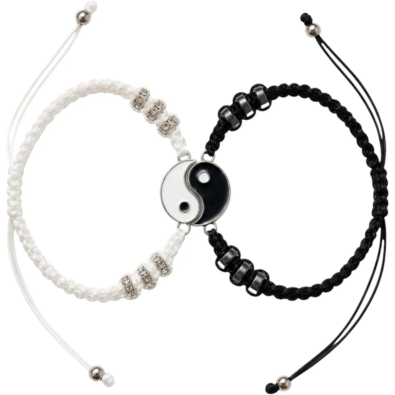 Yin Yang Couple Bracelets for Boyfriend Girlfriend, Matching for Men Women with Connected Heart, Distance Relationship Gifts Him Her BF GF BFF, Adjustable  Black White Friendship Set