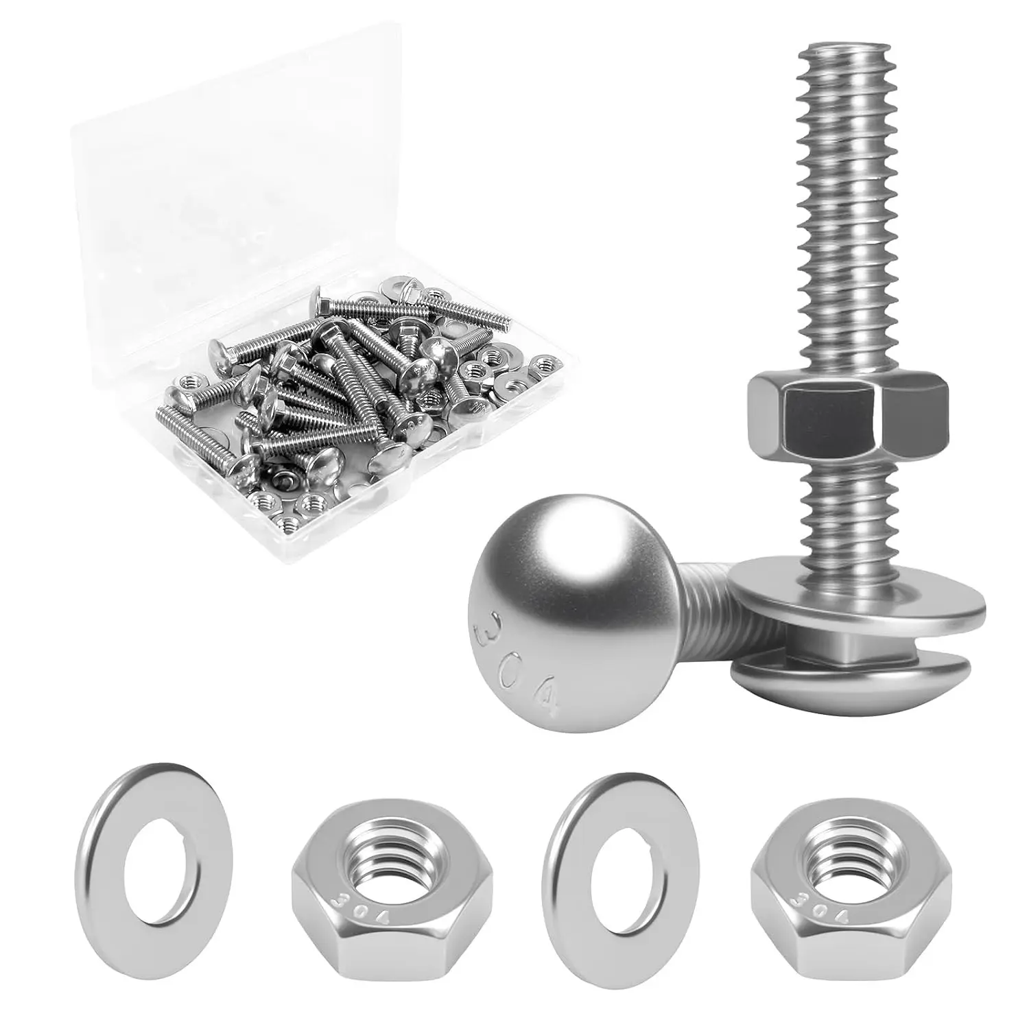 1/4-20 x 1-1/2" Carriage Bolt Kit, 20 Sets Carriage Screws with Hex Nuts and Flat Washers, Stainless Steel 18-8(304) Round Head Square Neck Screw, Fully Threaded, Coarse