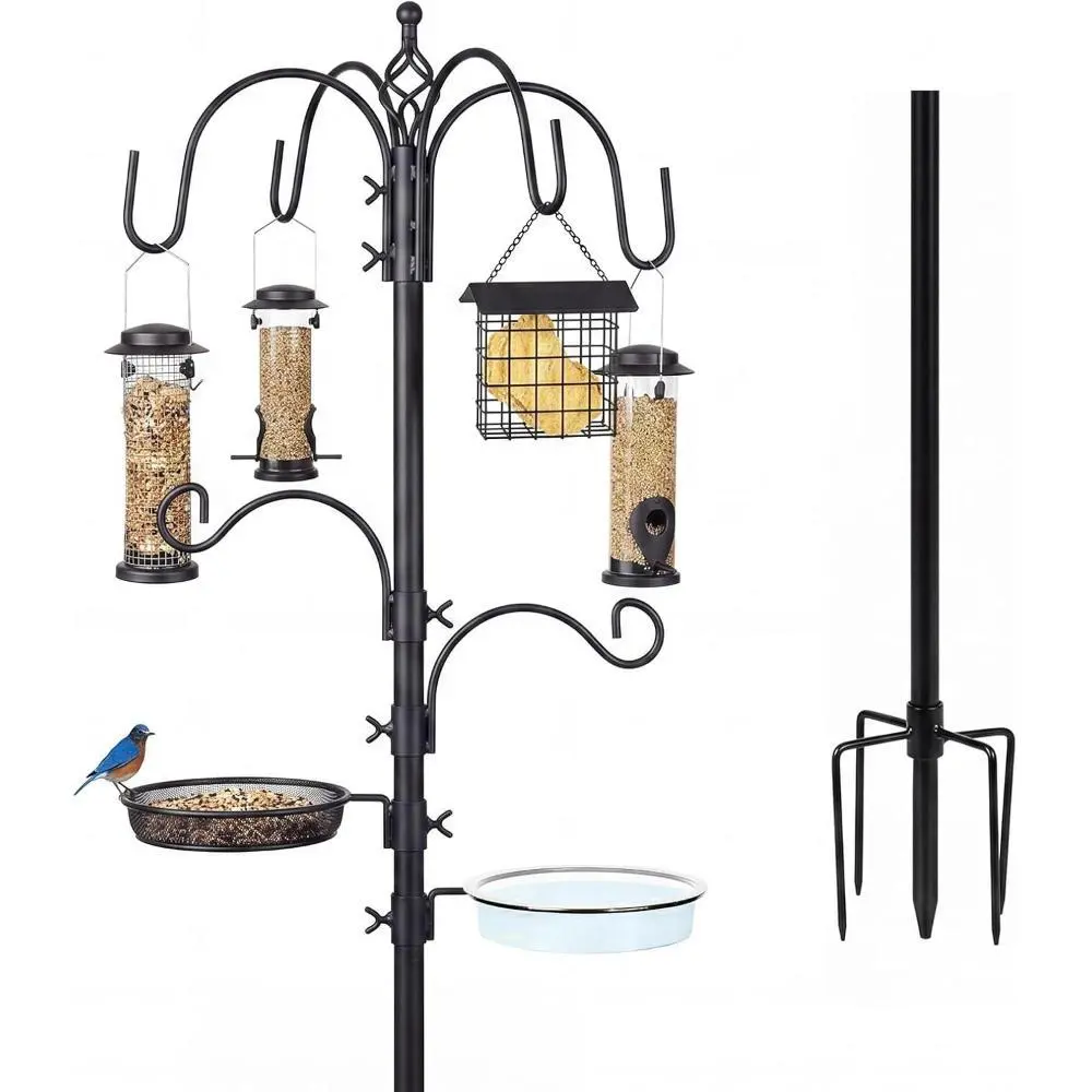 Gaomon 1PC Heavy Duty Bird Feeder Pole with 6 Multi Hooks, All-in-One Wild Bird Feeding Station Kit, 93.7 Inch Black Iron Bird Feeder Stand with Mesh Tray & Bird Bath Bowl for Backyard Garden