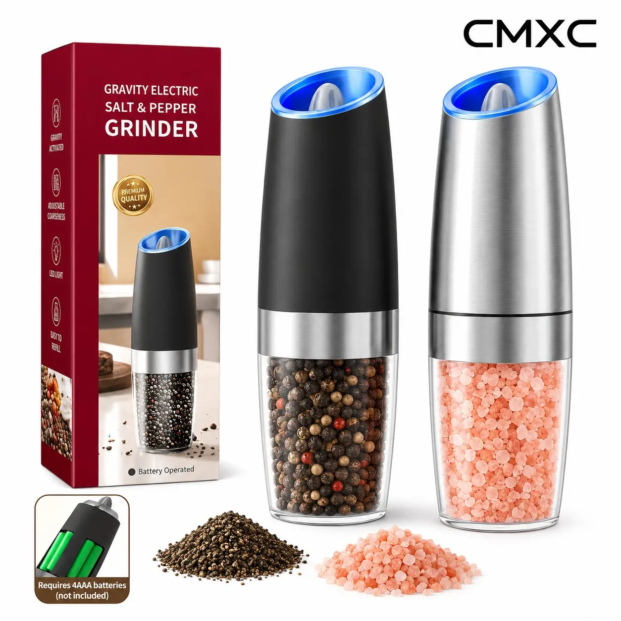 Electric Salt Pepper Grinder Set, Automatic Gravity Sensor Spice Mill, Adjustable Coarseness, LED Light Battery Powered Pepper Mill for Cooking, Kitchen & BBQ Essentials, Black Friday Deals