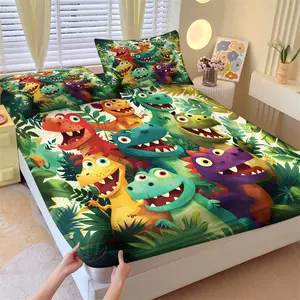 Cartoon Jungle Adventure Style Colorful Cute Dinosaur Fitted Sheet Set, 1 Fitted Sheet + 2 Pillowcases - 3 Piece, Soft Microfiber Deep Pocket Design, Playful Kids Bedroom Decoration, Gift for Dinosaur Enthusiast