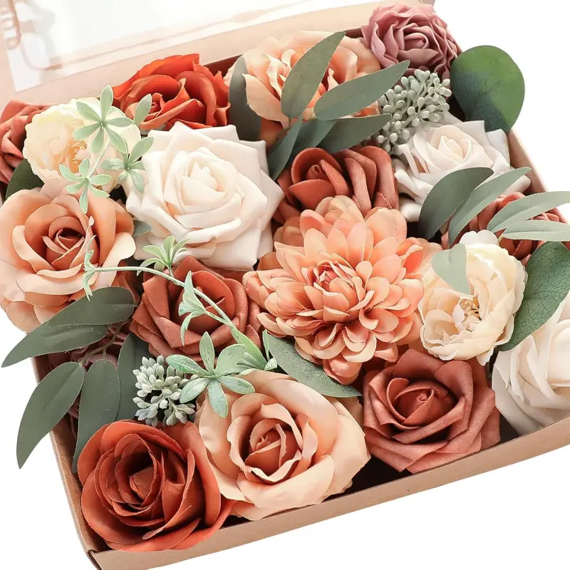 Terracotta Artificial Flowers Burnt Orange Fake Roses Peonies Dahlia Greenery Combo Box Set for DIY Wedding Bouquets Bridal Shower Centerpieces Floral Arrangements Party Tables Home Decoration
