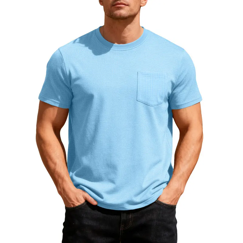 Men's Big Waffle Knit Short-Sleeve Round Neck T-Shirt - Casual, Relaxed Fit, Breathable, With Pocket, Menswear Tops for Summer, Shortsleeve