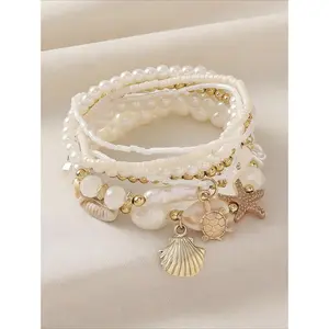 Women's Boho Beaded Bracelet Set - 1 Set, 1 Size, Shell, Starfish, Artificial Pearl, Handmade, Beach, Vacation Party Leisure Outdoor Accessories (Sports & Outdoor, Leisure Recreation Equipment), Beaded Bracelets